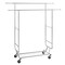 Silver Double Rod Garment Rack with Extendable Height, Bottom Shelf and Casters
